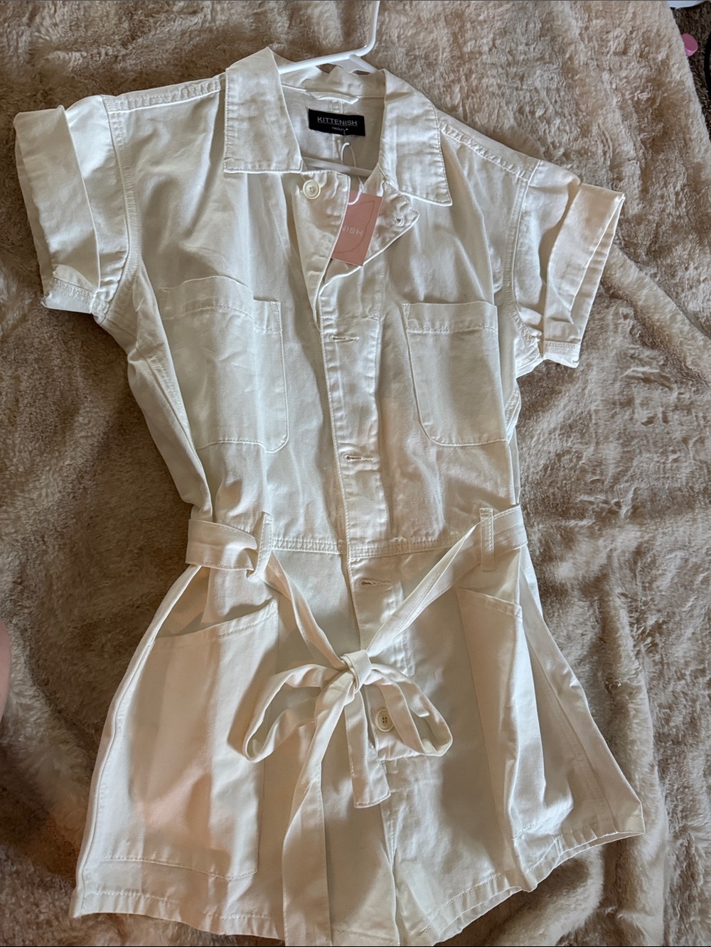 Kittenish Cream Utility Romper with Tie Waist
